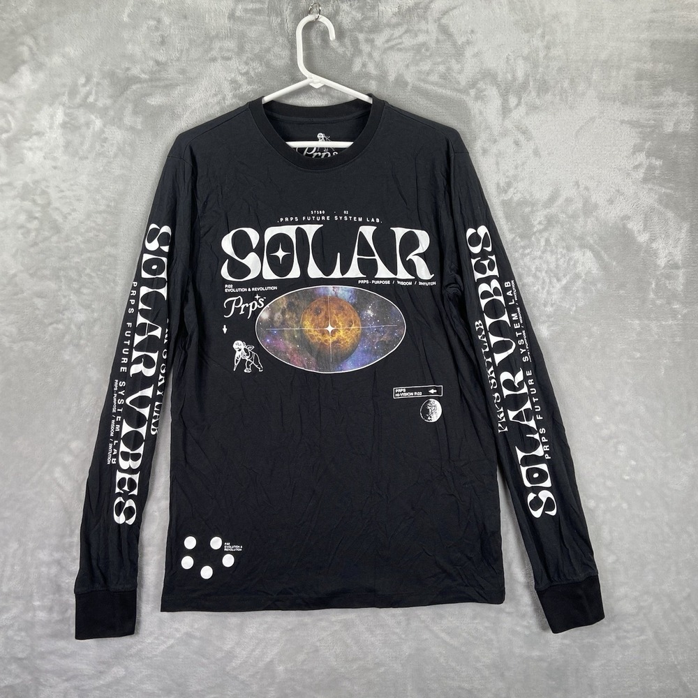 PRPS T-Shirt Mens Medium Long Sleeve Tee Solar System Space Graphic Black Cotton